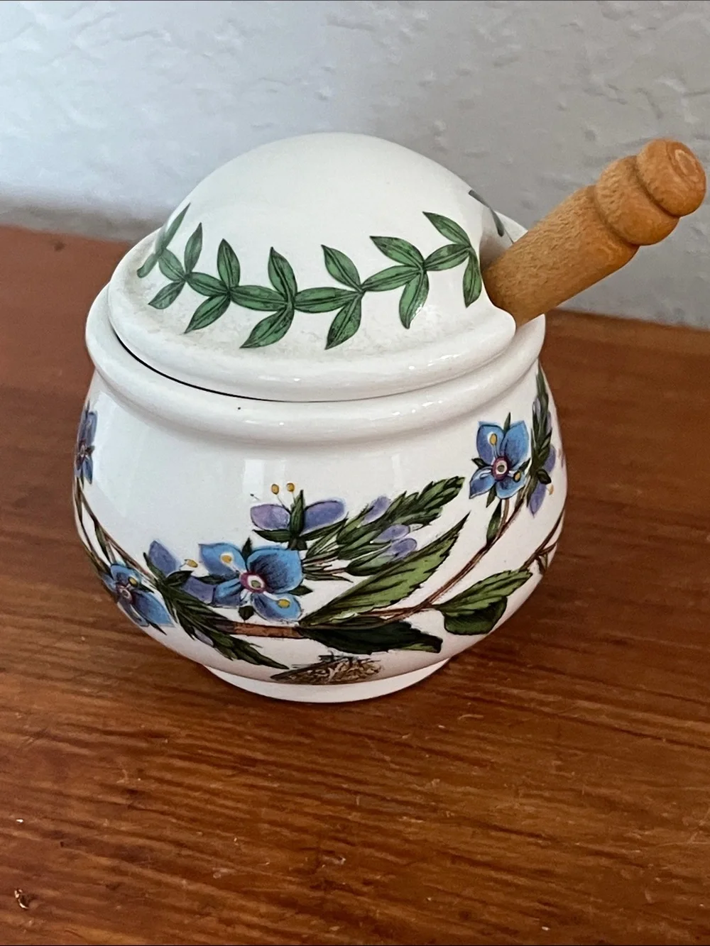 Portmeirion VTG Mustard Pot Blue Floral Ceramic Honey Pot with Wooden Spoon